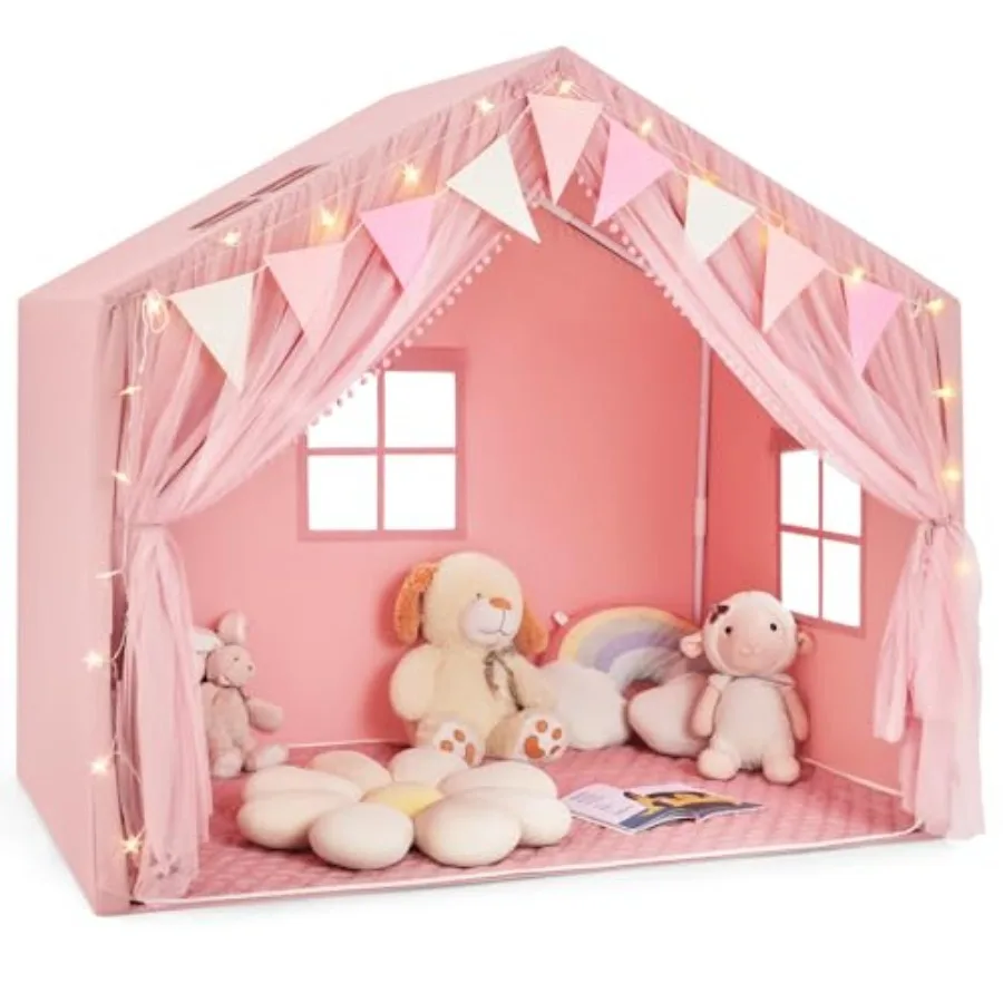 

Indoor Outdoor Play Tent for Toddlers Age 3+, Cotton Canvas Princess Castle Tent with Washable Plaid Pennants and Mesh Windows,