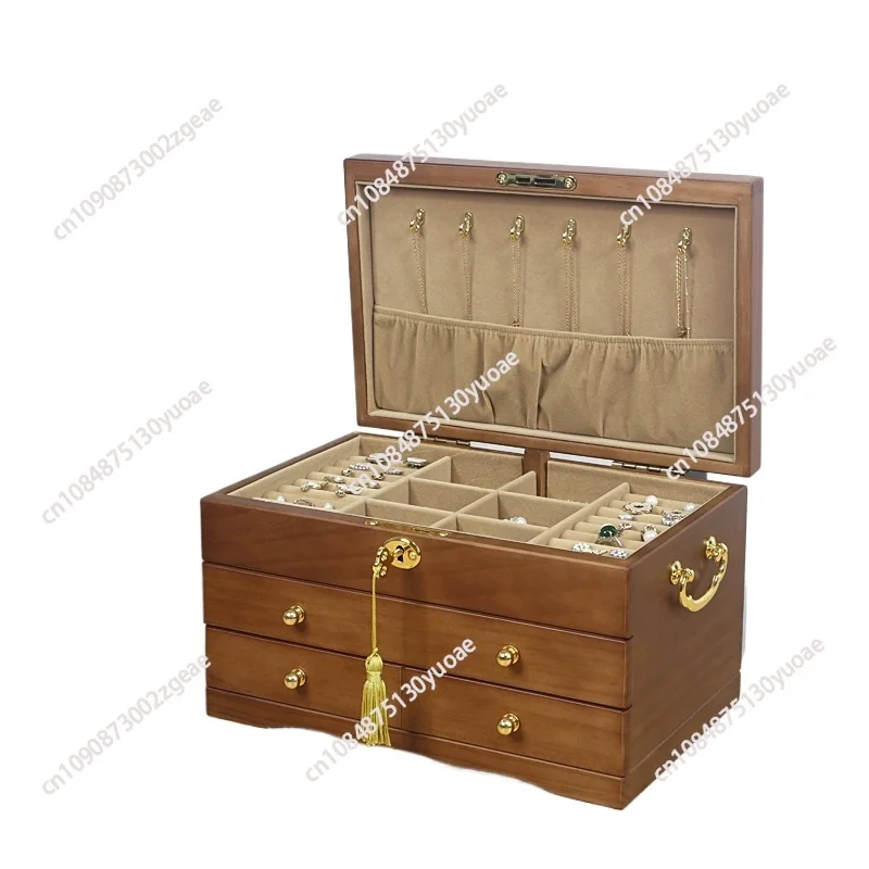 Large Capacity Wooden Jewelry Box 3 Layers W/ Safe Lock Retro Storage Organizer