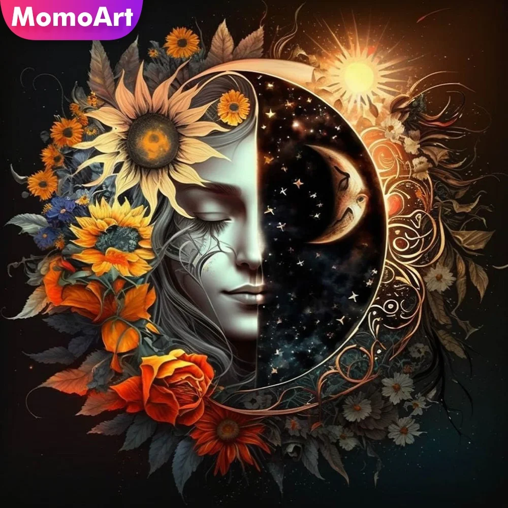 

Набор для вышивания алмазной мозаикой Momoart: Женщина, цветы, луна. Абстрактный пейзаж. Алмазная вышивка крестом. Набор для рукоделия.