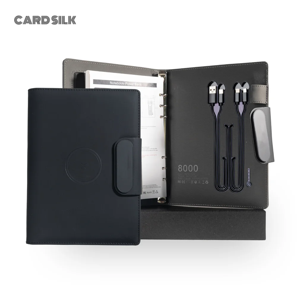 Smart Gift A5 Wireless Charging Notebook – PU Leather Cover with 3-in-1 Cable, Document Pocket & Foldable Phone Stand