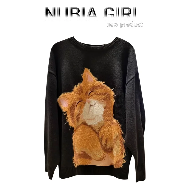 INS Luxury Plush Flocking Dog Cat Embroidery Sweaters Loose O-neck Pullover High Street Kawaii Knitwear Y2K Top Harajuku Couples