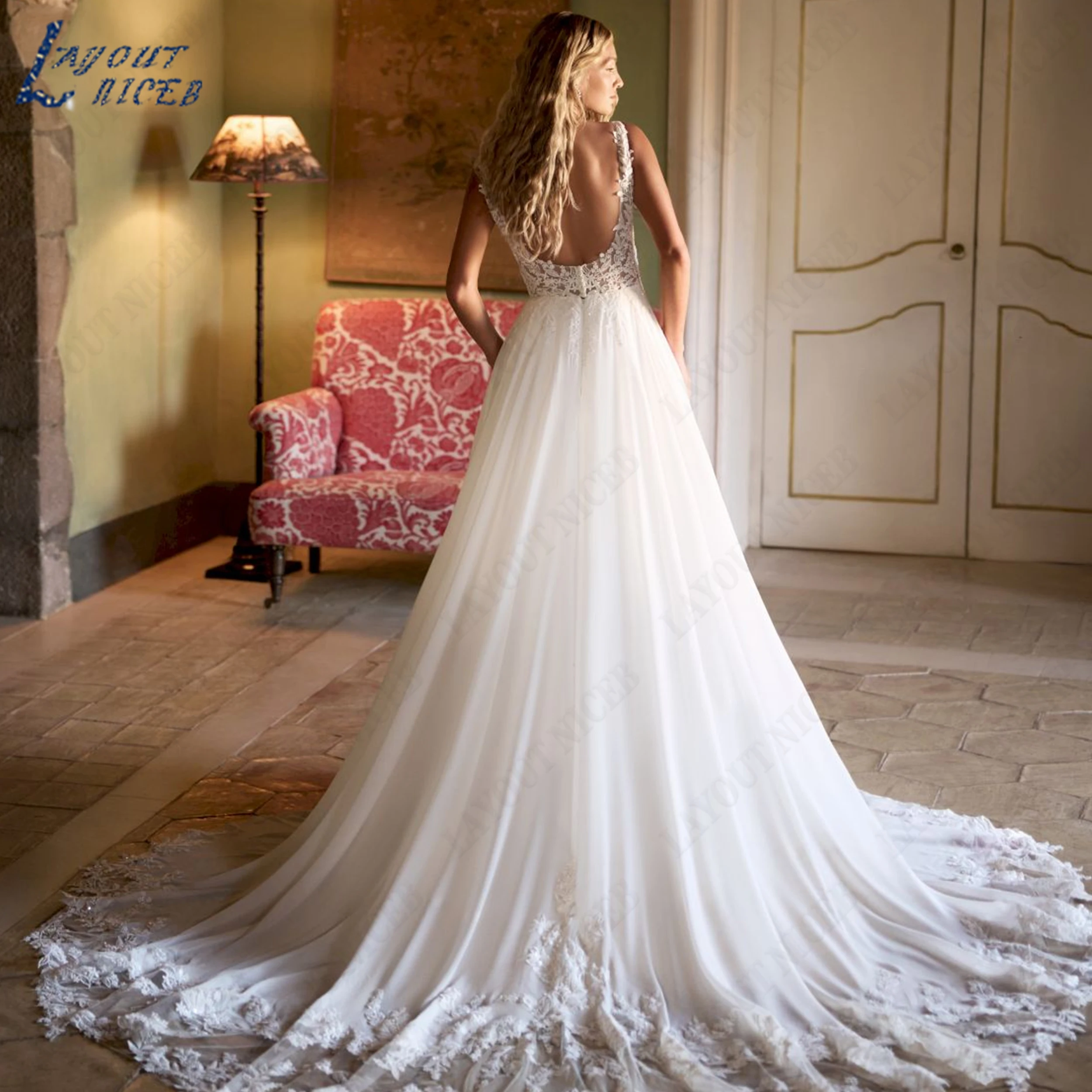 LAYOUT NICEB Customized Spaghetti Strap Chiffon Dress For Bride Applique A Line Wedding Dresses V Neck Backless Bridal Gown