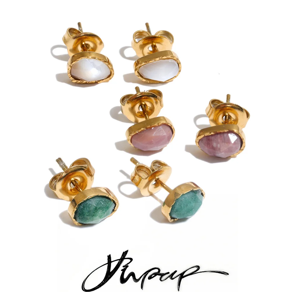 Yhpup Edelstahl-Ohrstecker mit Französischem Naturstein und Muschel, Oval, Klein, Exquisit, Beliebt, Leicht zu Tragen