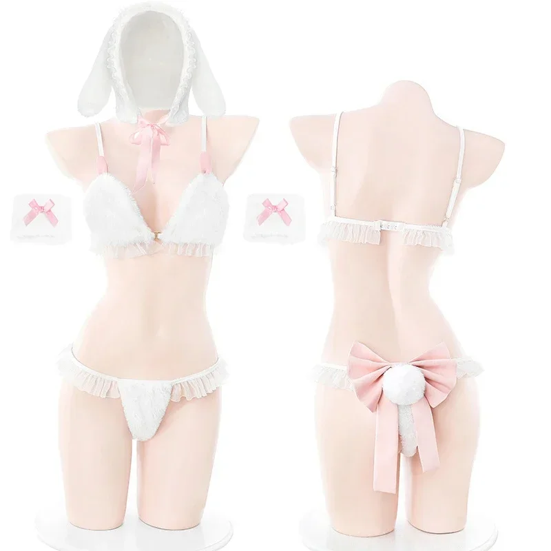 Bunny Girl Cosplay Sweater Underwear Women Sexy Lingerie White Plush Rabbit Ear Bra and Panties Suit Exotic Outfits Costumes view 3