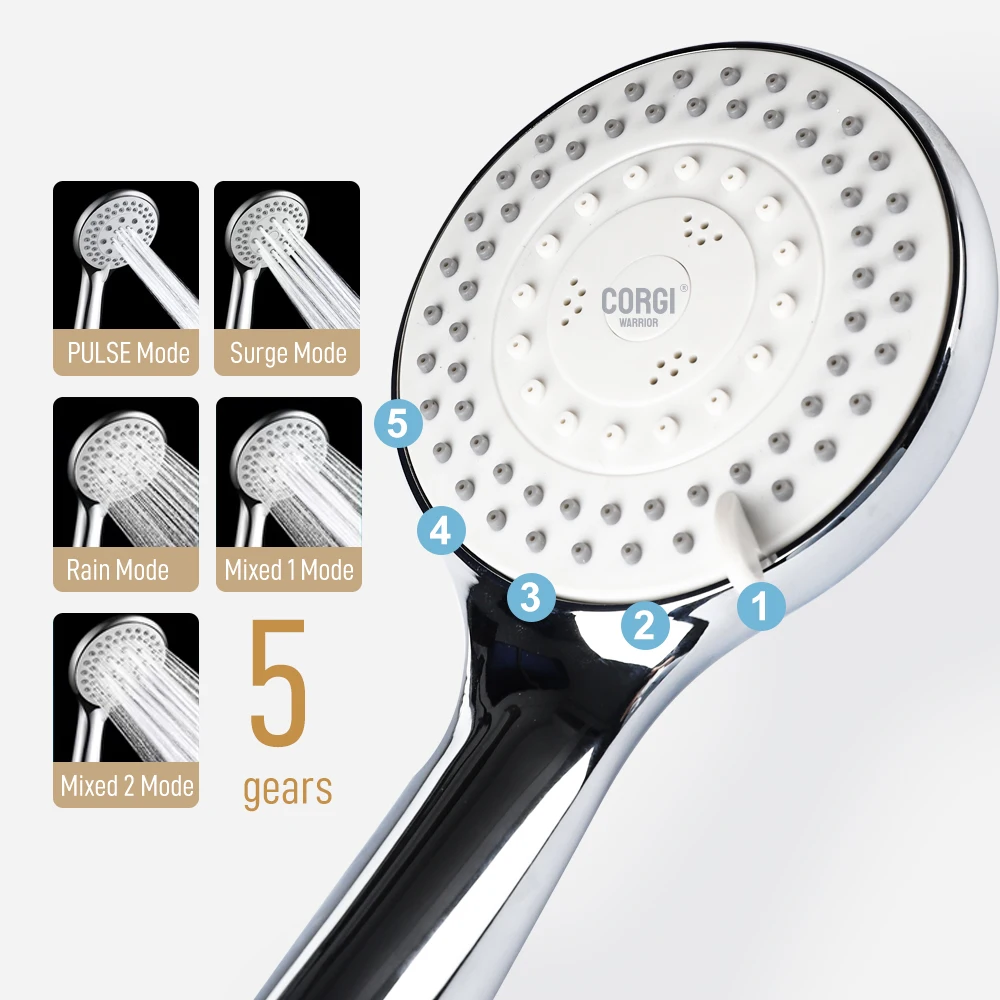 High Pressure Shower Head Handheld 1/3/5 Modes Shower Head Abs Plastic and Stainless Steel with Hose and Holder for Wholesale