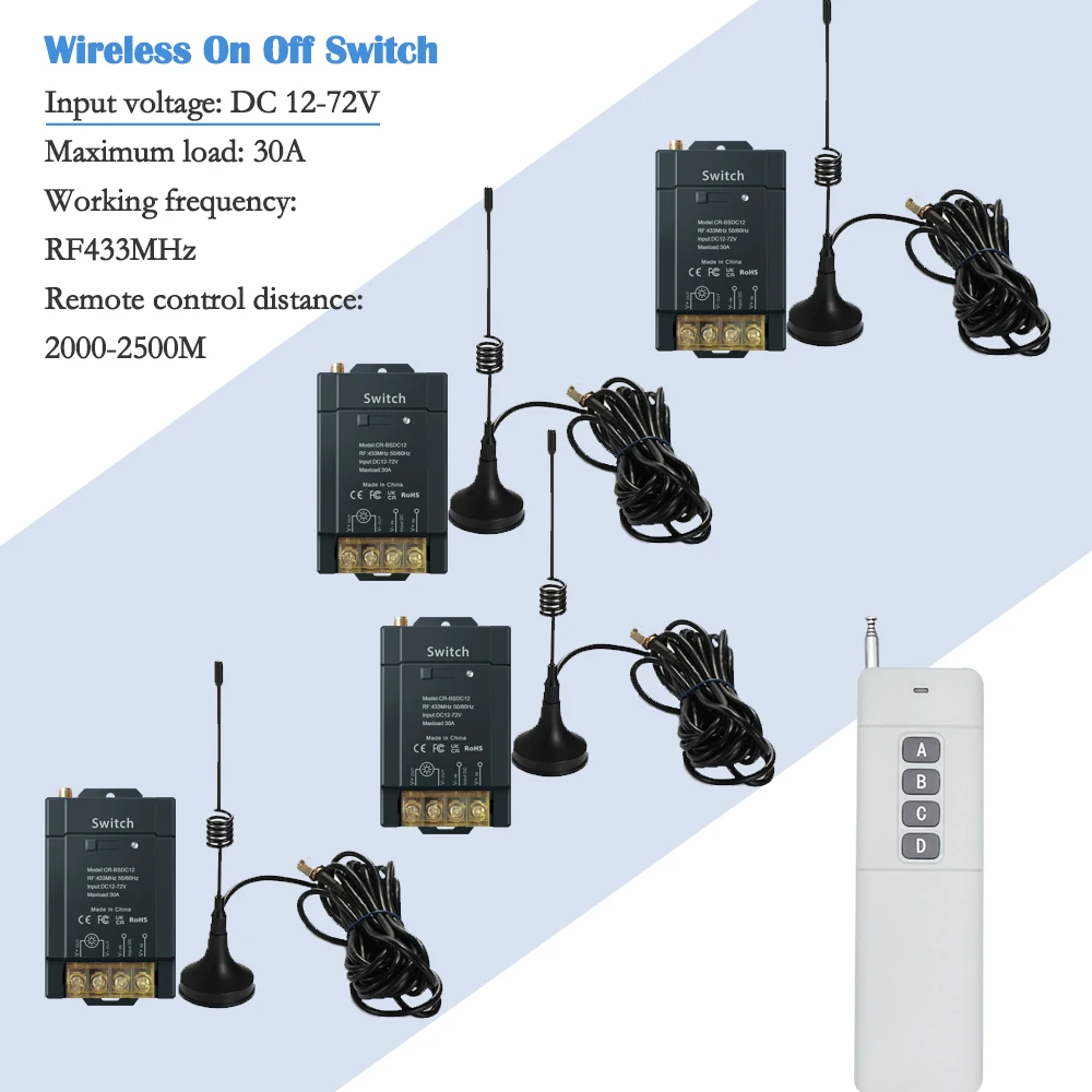 Wireless RF433 Switch On-off High-power 30A Wide-voltage DC 12-72V Long-distance Remote Control 2000-2500M