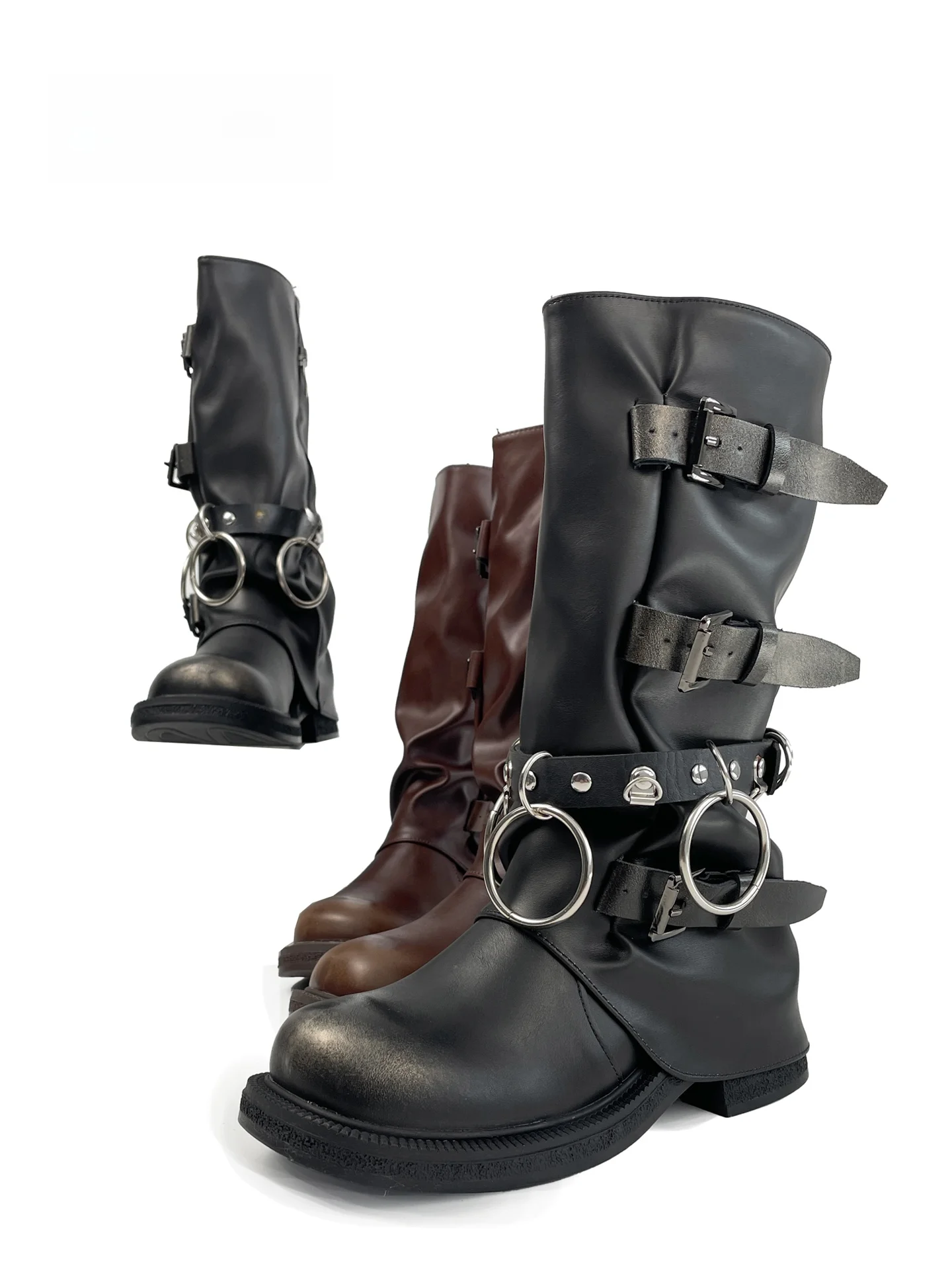 

Mib'Vias Original Street Style Mid-Calf Fashion Boots Women's Heavy Metal Buckle Spicy Cool Dance Boots round Toe Zipper Closure