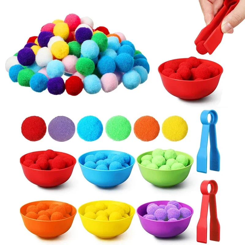 Children's counting and classification toy set, 60 plush balls, 6 rainbow colors, plastic bowl with 2 pliers, fine motor skills