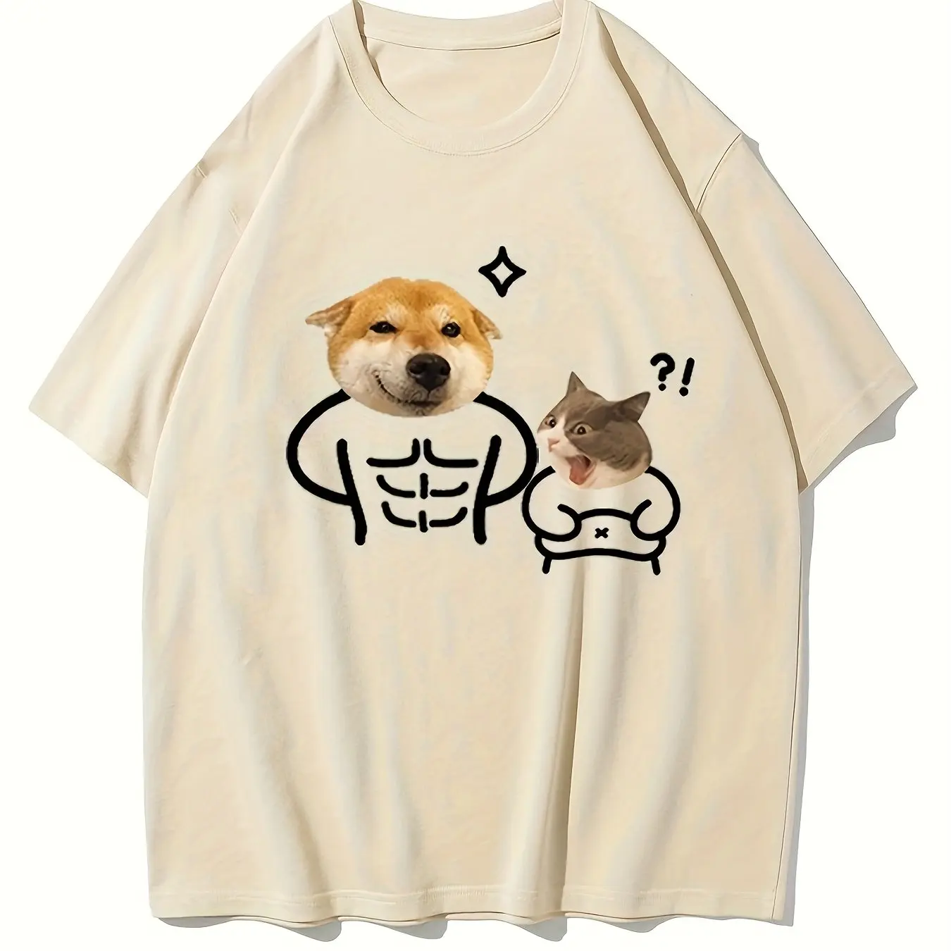 Funny Buff Dog Shocked Cat Meme Print T Shirt Men Short Sleeve Soft Cotton Internet Viral Humor Daily Casual Streetwear Tee Tops