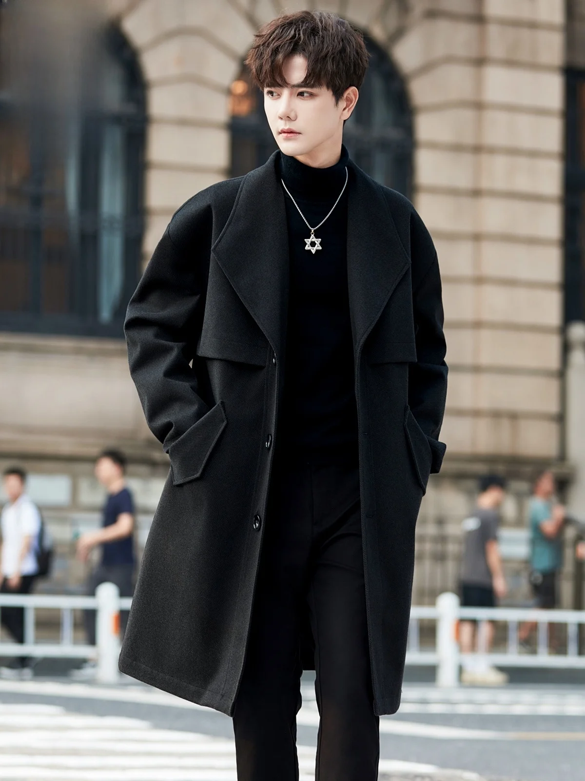 

Корейская мужская ветровка средней длины, зимняя модная брендовая куртка в стиле ретро, шерстяное повседневное пальто с длинными рукавами для молодежи