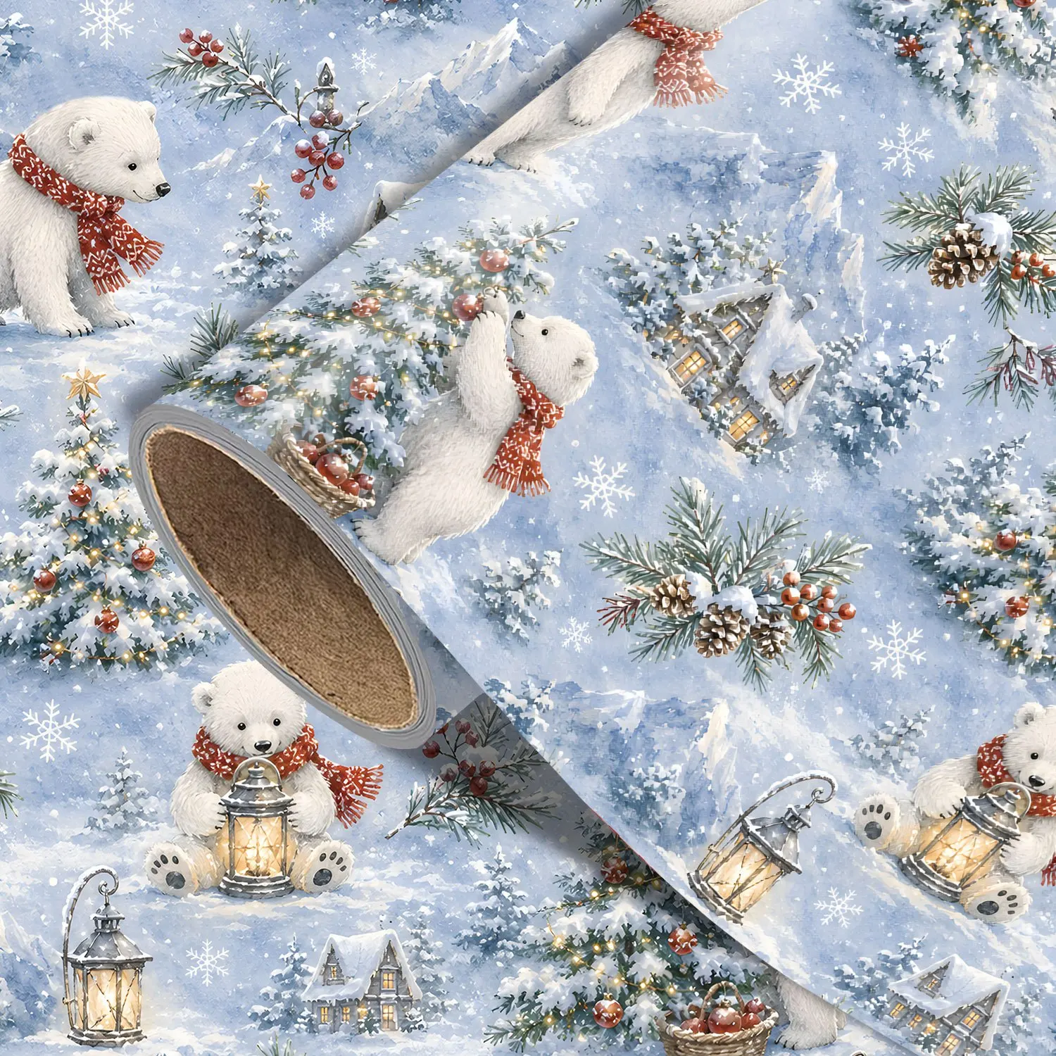 Christmas Gift Wrapping Paper Roll, Xmas Tree, Little Bear Pattern, Holiday Designs, Measuring 50CM× 300CM (19.69In × 118.11In)