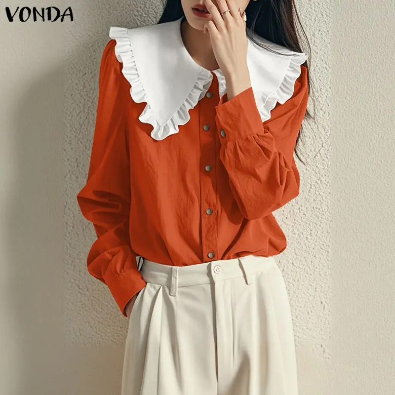 

Женские рубашки размера плюс 5XL VONDA, модная туника с воротником Питера Пэна и длинными рукавами, осенняя элегантная офисная женская блузка, уличная одежда