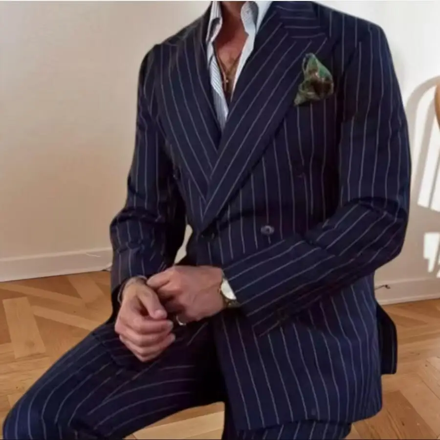 

Luxury Striped Men's Suits High Quality Back Vent Double Breasted Blazer Formal Business Prom Party 2 Piece Jacket Pants Outfits