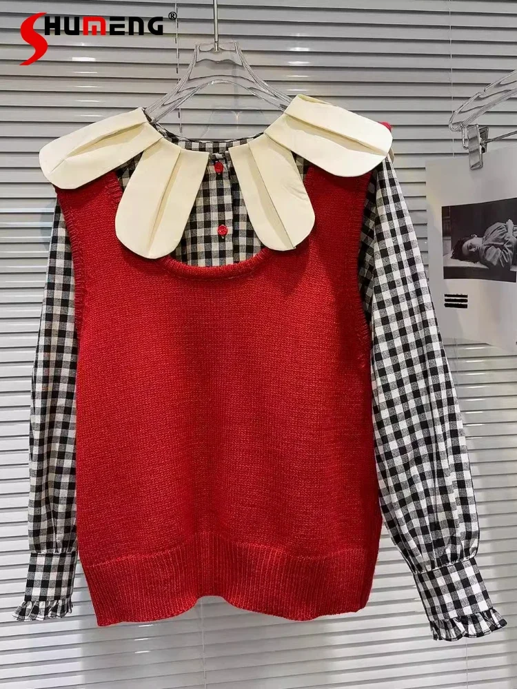 Women's 2025 Spring New Sexy Girl Petal Collar Plaid Long Sleeve Shirts Red Knitted Sleeveless Pullover Vests Women's Top Sets