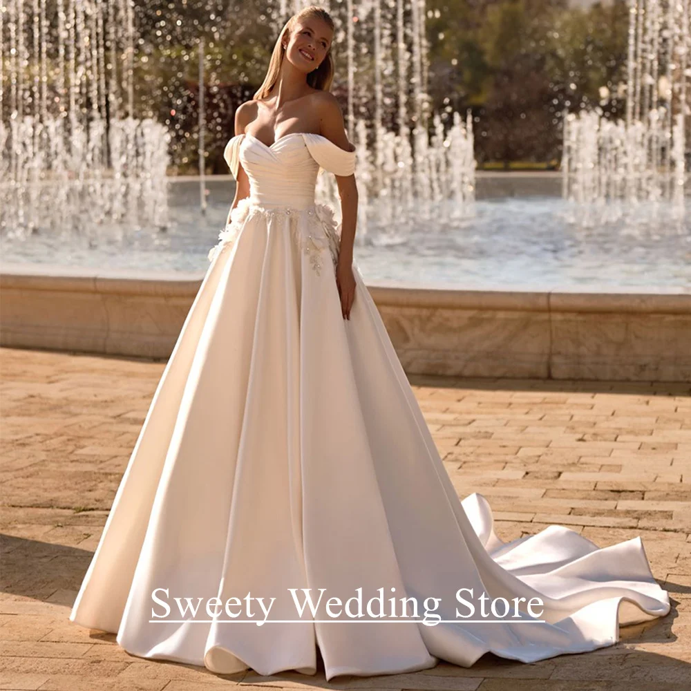 

Charming Wedding Dress Vestido De Noiva Customized Off Shoulder Sweetheart Pleat Draped A Line Bridal Gown Sweep Train