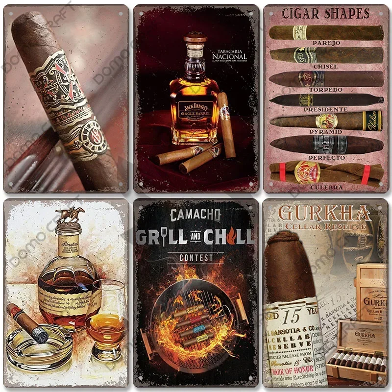 Cigar Plaques Retro Metal Plate Gentleman Smoke Cigars Whisky Vintage Metal Tin Signs Bar Man Cave Wall Decor Tinplate Painting