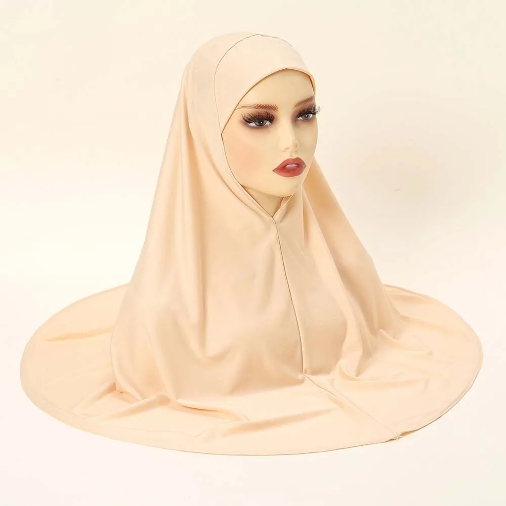 Breathable Jersey Solid Color Instant Hijab Full Coverage Four-Way Stretch Women Khimar Skin-Friendly Lightweight Feel