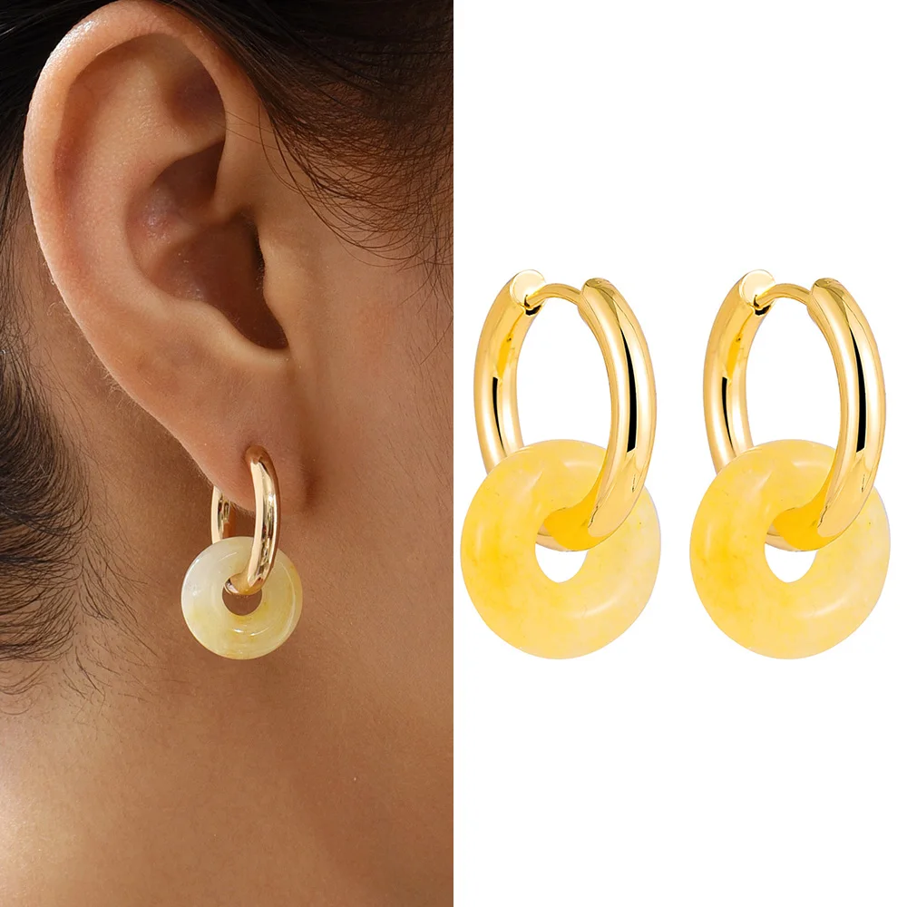 Charm Natural Stone Round Donuts Beads Gold plated Hoop Huggie Earrings for Women Statement Stainless Steel Hoops New Trend