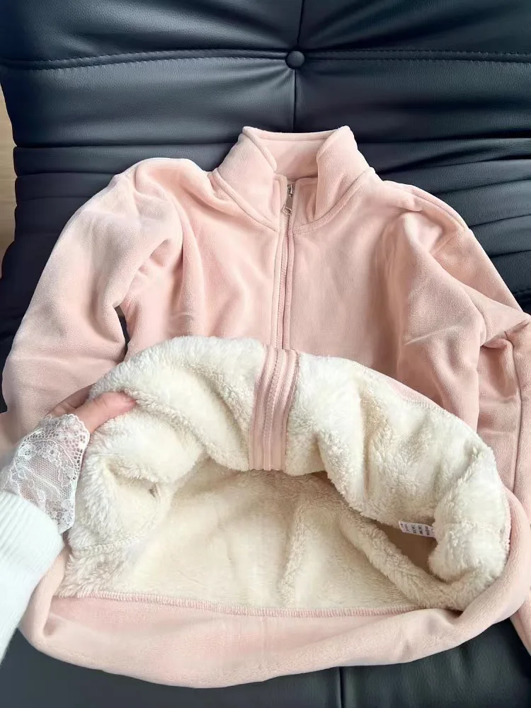 Thickened Fleece-Lined Winter Jacket For Women Couple Cotton-Padded Coat Warm Sweatshirt With Sheep Velvet Lining