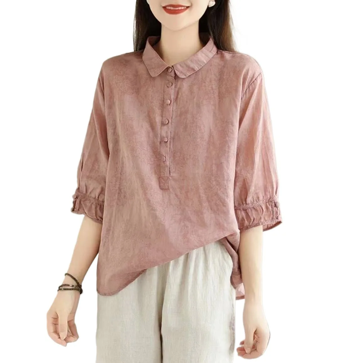 Camisa con solapa estampada a la moda, camisa Retro de manga media para mujer de estilo extranjero, camisa fina y fina