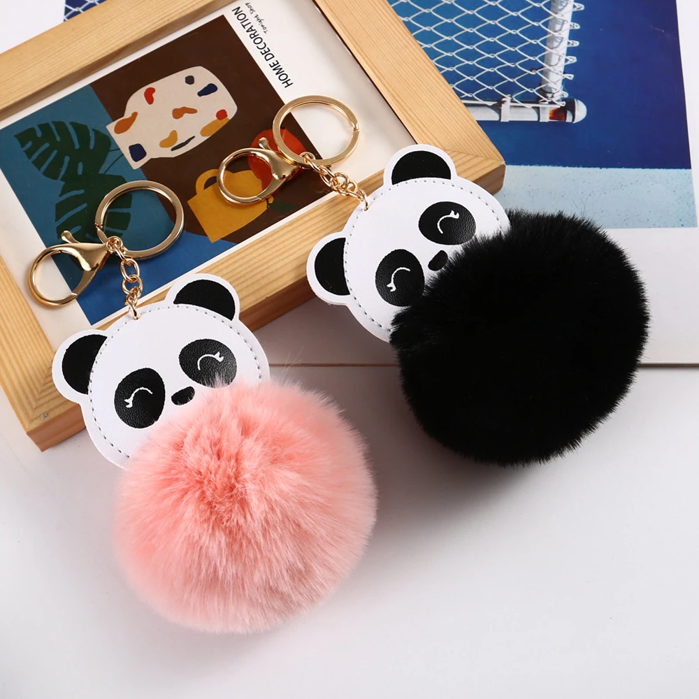 New Fashion PU Leather Animal Panda Keychain Soft Faux Rabbit Fur Pompom Fluffy Hairball Key Chain Women Bag Hanging Decorations