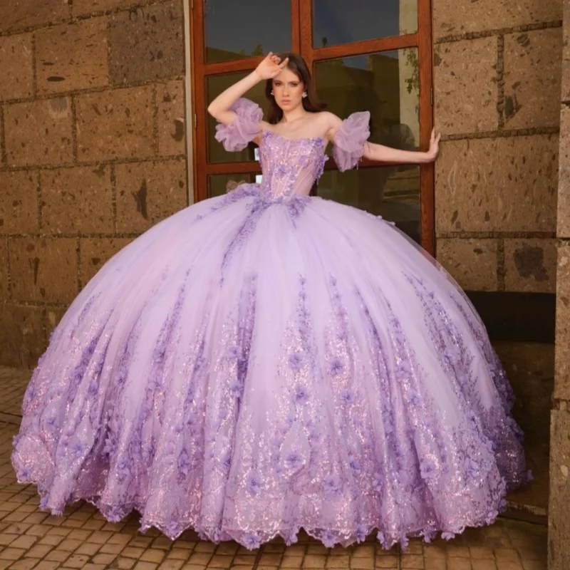 

Light Lilac Shiny Ball Gown Quinceanera Dresses Off The Shoulder Applique Flower Beads Tull Party Birthday Sweet 16 Dress Vestid