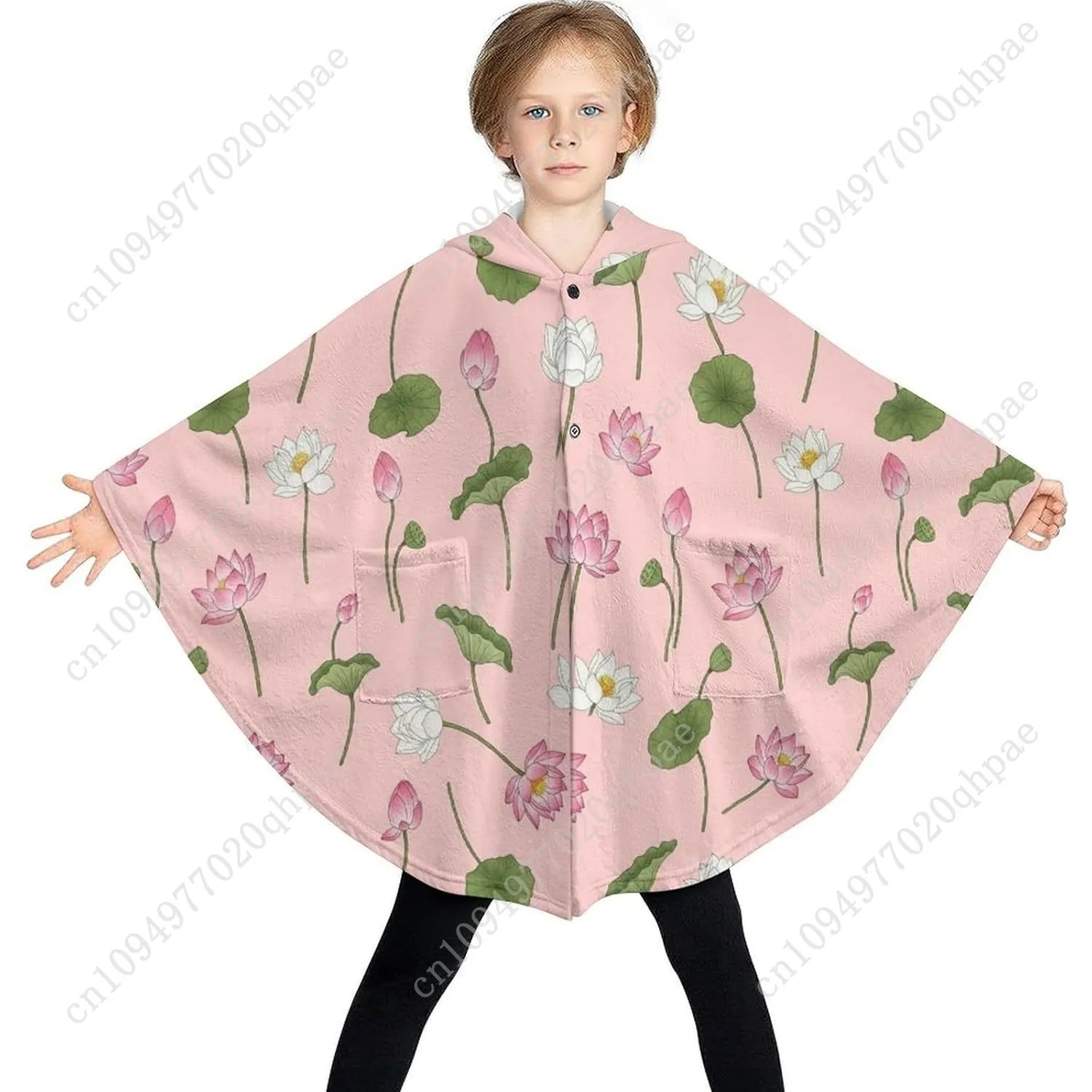 سترة بطانية مريحة من الفلانيل، هوديي كبير الحجم بأوراق زهور اللوتس مع جيوب للأطفال والمراهقين