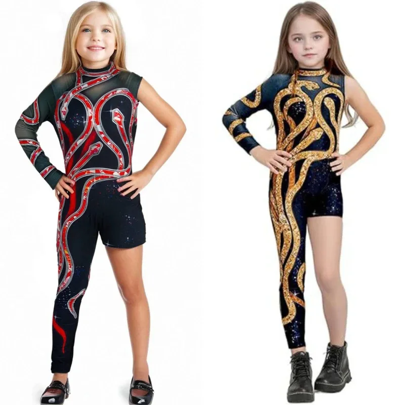 

Детский блестящий костюм для девочек, детские колготки для концертов певицы со змеиным узором, комбинезон на Хэллоуин, наряд для косплея