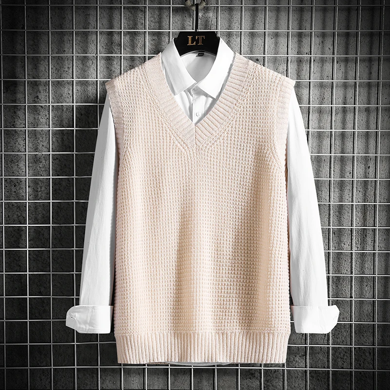 2024 Autumn Vintage Men Sweater Vest Solid Fashion Trend Loose Sleeveless Pullover Korean V-neck Knitted Sweater Vest Tank Tops