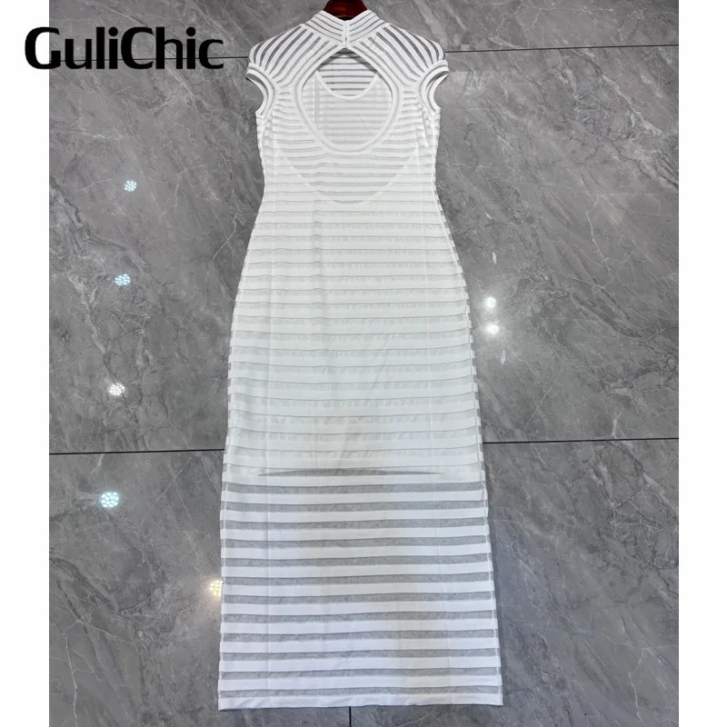 7.12 GuliChic Women Elegant Temperament Stand Collar Knit Dress Fashion Sexy Sheer Striped Hollow Out Backless Design Slim Dress