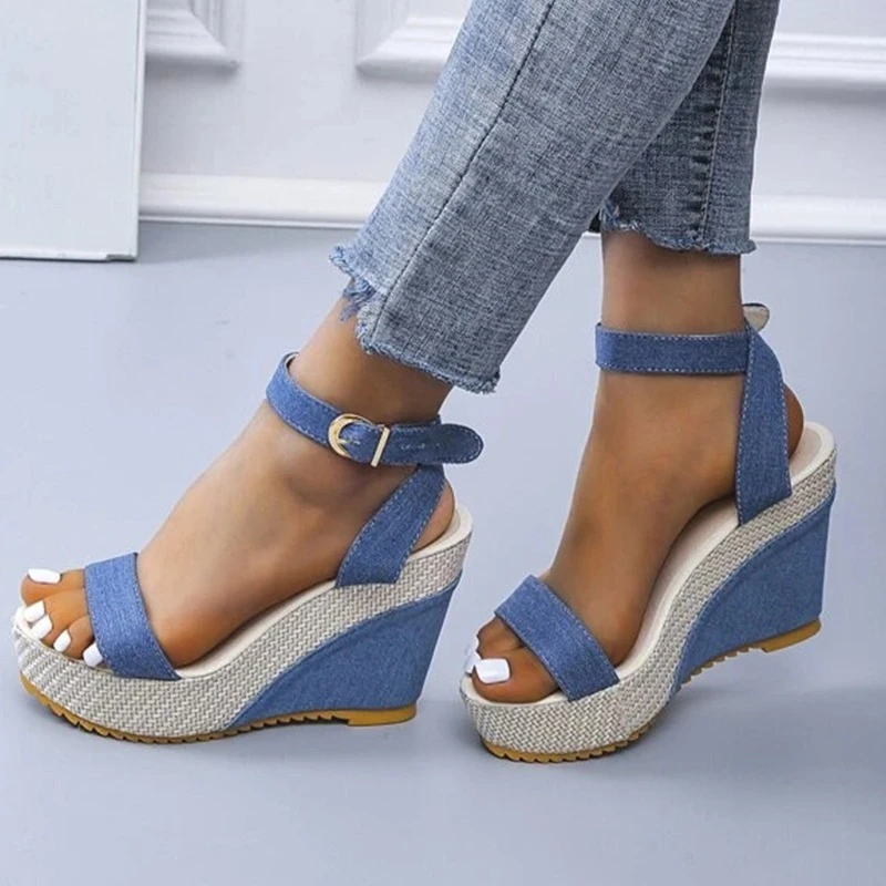 New Buckle Decor Denim Ankle Strap Wedge Sandals Summer Outdoor platform Slides 2023 Thick Bottom Ladies Shoes Female Sandals