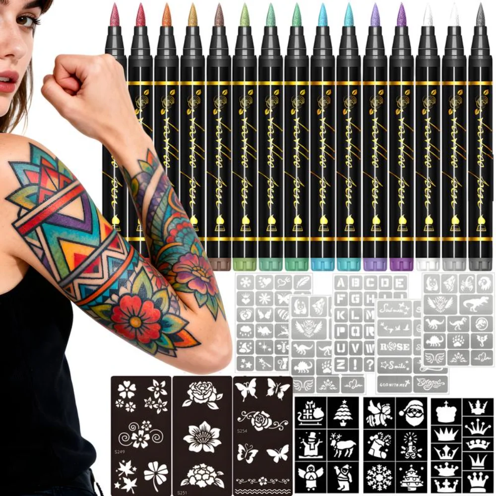 

Temporary Tattoo Markers for Skin, 15-Count Body Markers 15 Colors Tattoo Pens,Flexible Brush Tip, Bright colors, Face Paint Kit