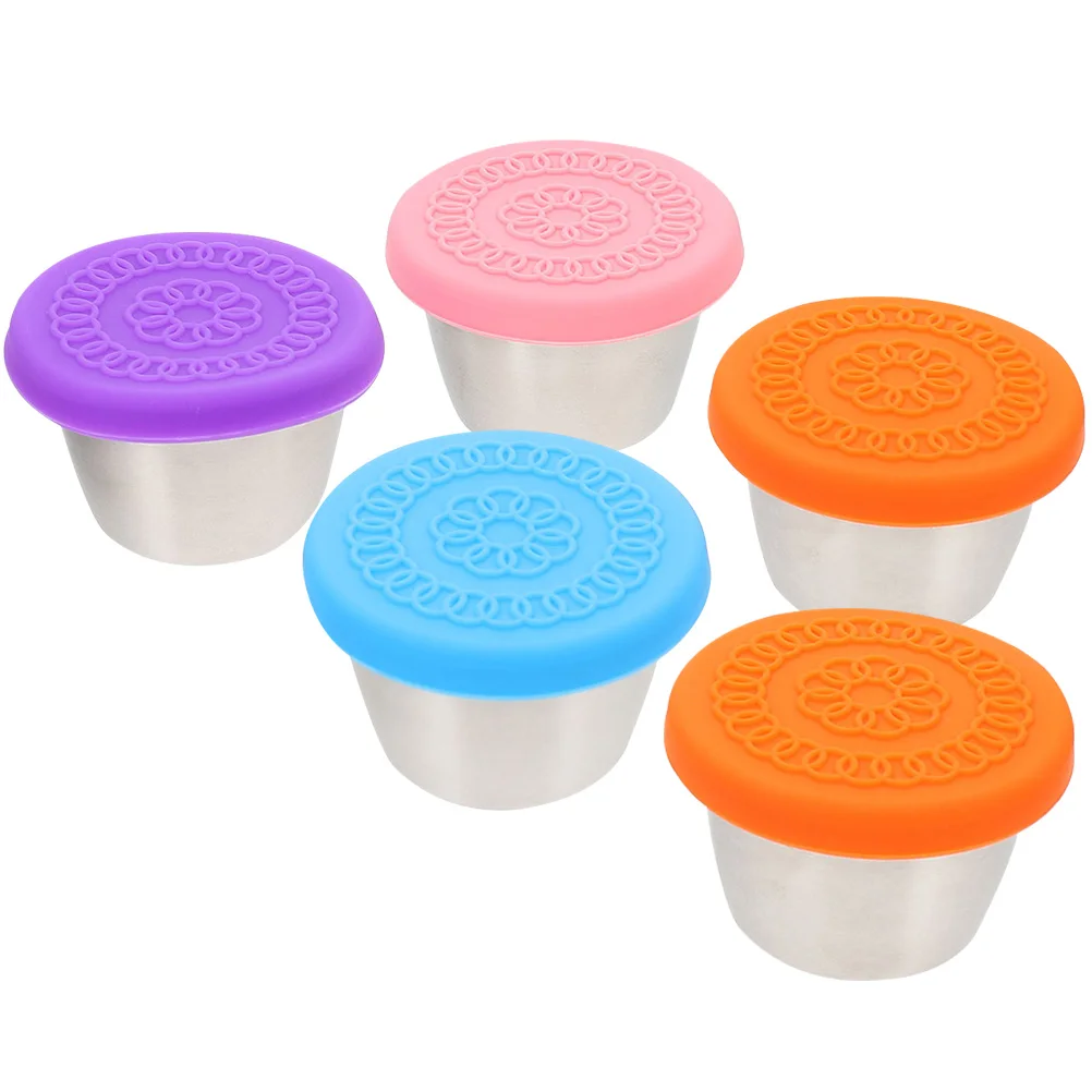 

5pcs Stainless Steel Sauce Cup Set Leak-Proof Condiment Containers Reusable Dressing Cups Lids Lunch Bento Meal Prep