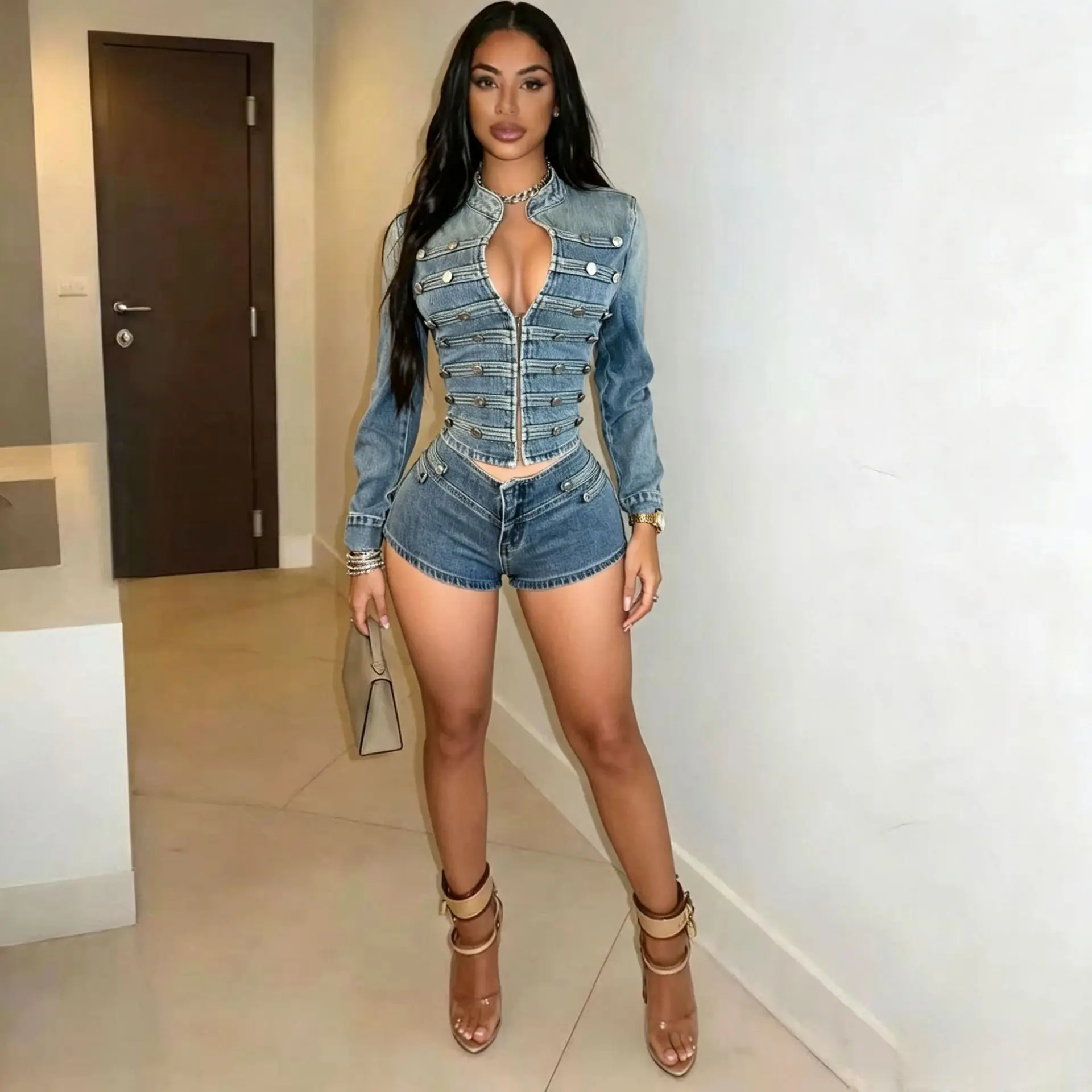 Denim Jean Jacket 2 Piece Pant Set Outfits 2026 Autumn Winter Women Clothes Y2K Cargo Pocket Shorts Pant Cropped Jean Jacket
