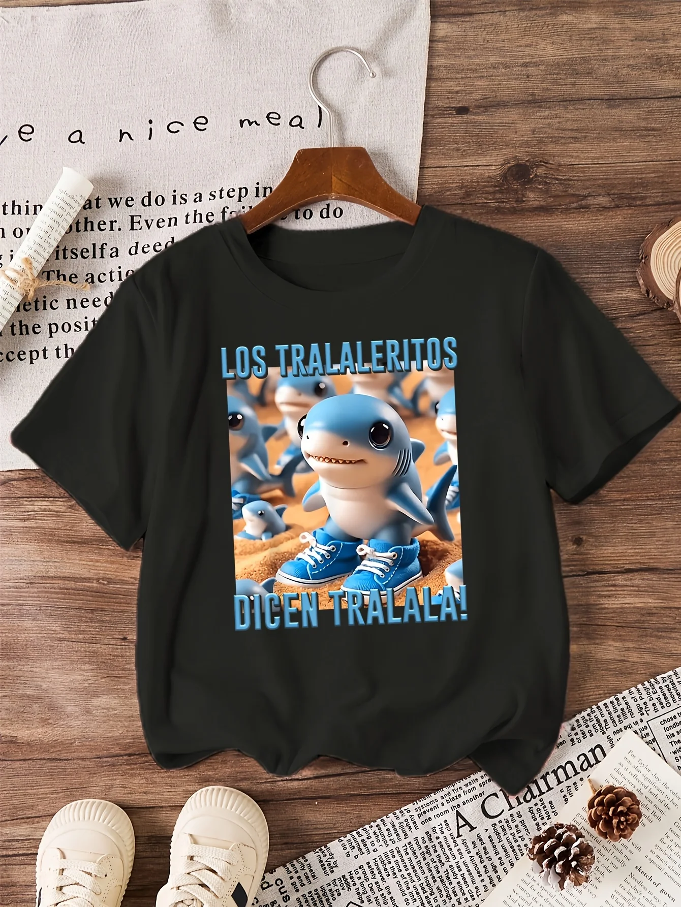 

Футболка с забавным принтом «Акула» Tralaleritos Dicen Tralala 2026, с коротким рукавом, для взрослых и детей, летняя футболка