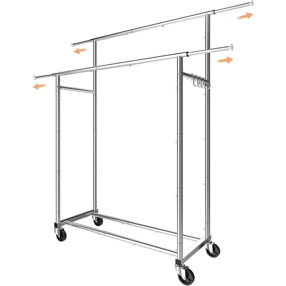 

Double Rod Clothing Garment Rack, Rolling Clothes Organizer on Wheels for Hanging Clothes,with 4 hooks, Chrome