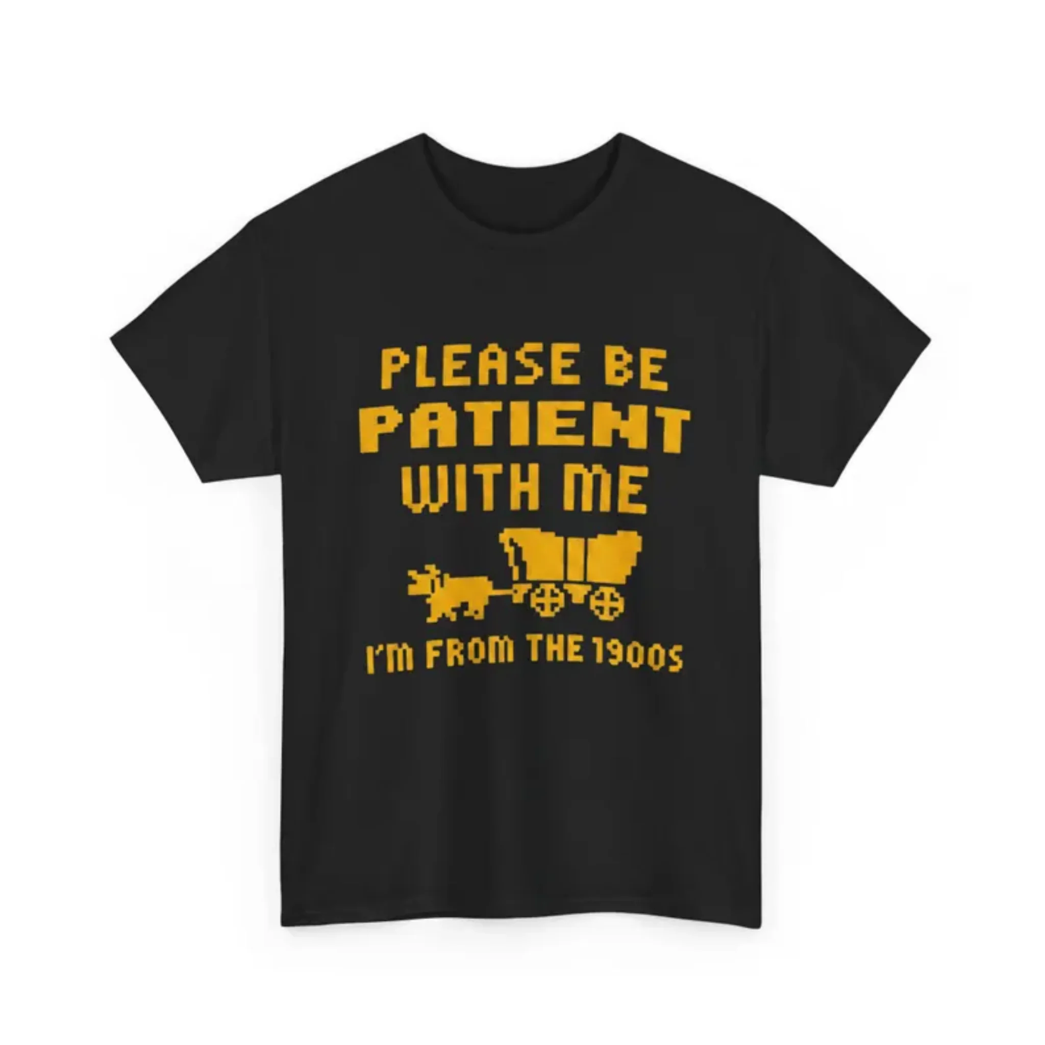 Women Old School Gamer Tee Yellow Pixel Ox Wagon Vintage Western Game Slogan Print Casual Top