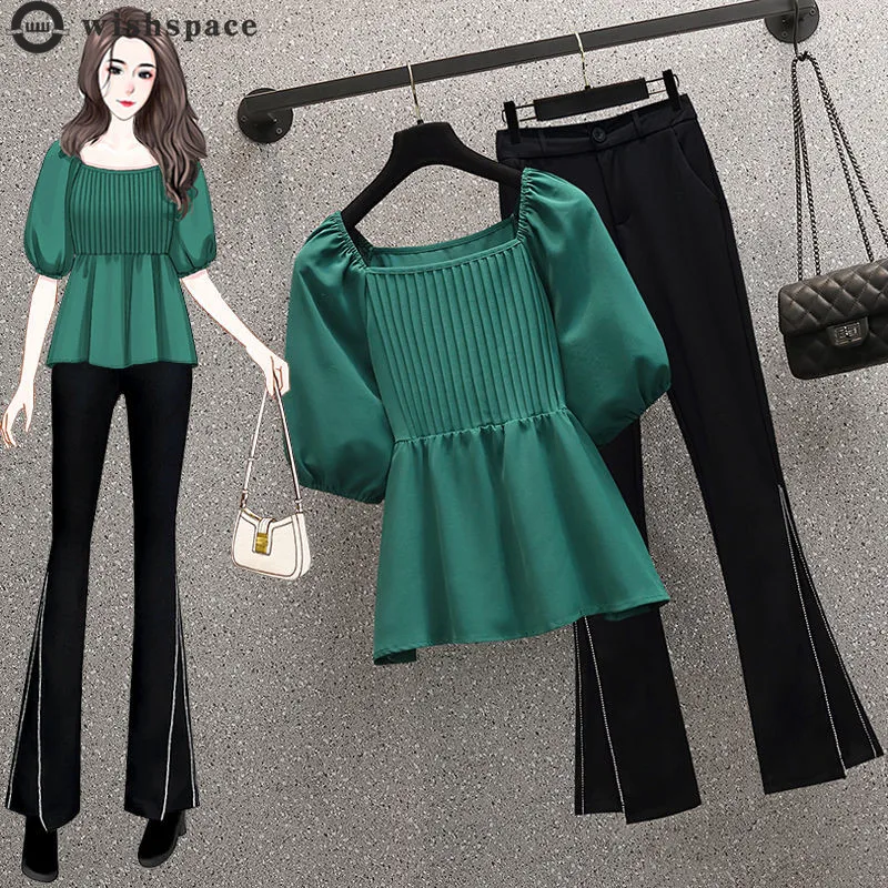 

Large Spring and Summer Korean Women's Suit 2022 New Fashion Thin Bubble Sleeve Shirt Casual Pants Two-piece Suit