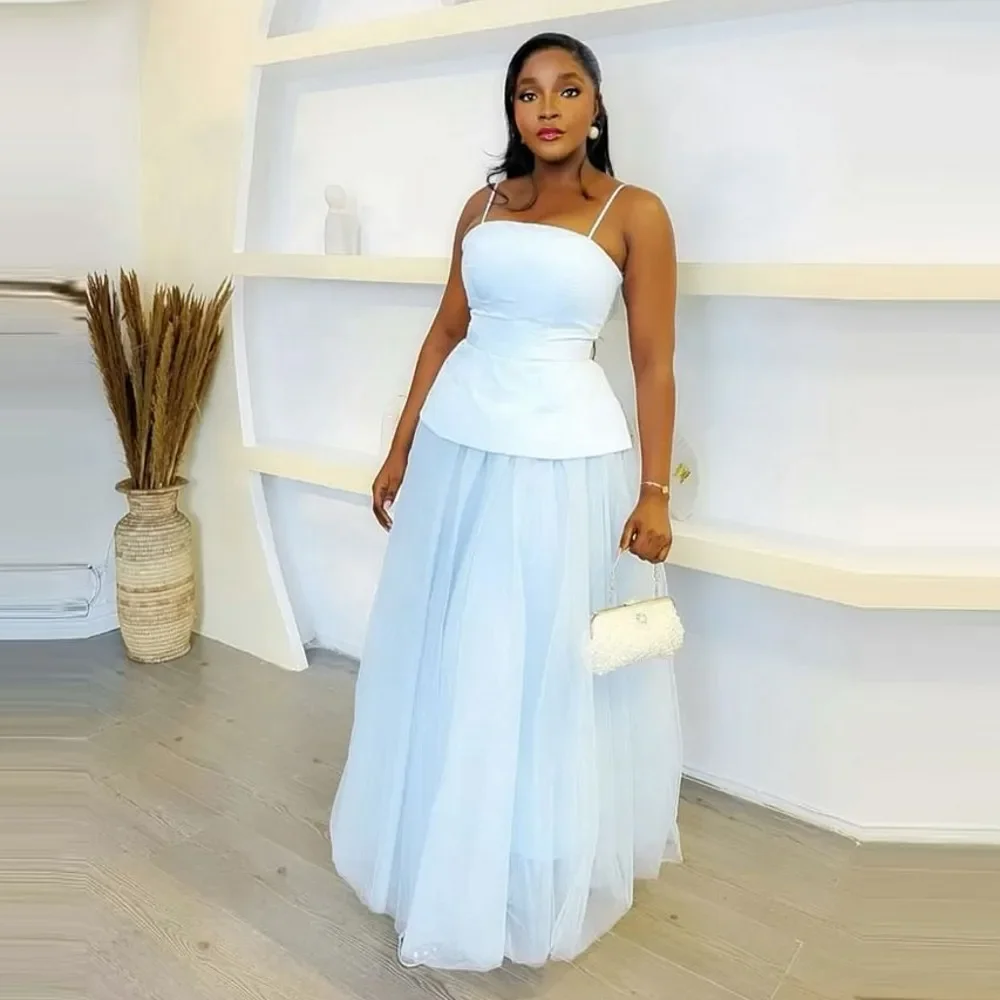 

Нежно-голубые платья для выпускного вечера, длинные, без бретелек, с тонкими бретелями, А-силуэт, с пэплумом, вечерние платья для африканских женщин