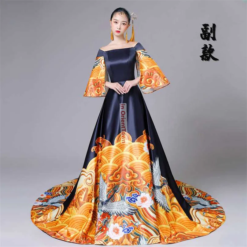 Costume chinois noir jaune, robe de spectacle commerciale de musique traditionnelle, spectacle de défilé Cheongsam, tenue de réunion annuelle TP053