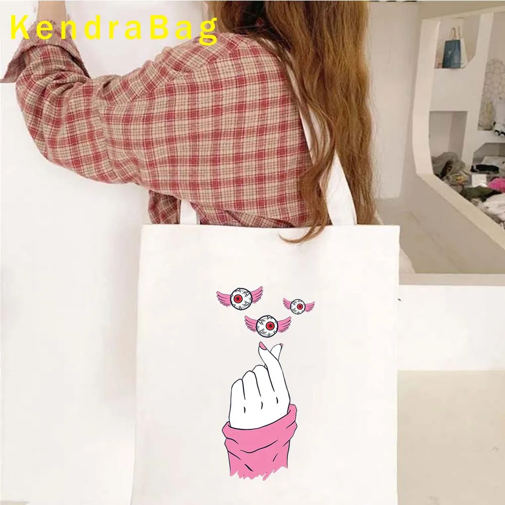 Funny KPop Saying Finger Heart Kdrama Lover Saranghae Oppa K Pop Girl Korea Harajuku Anime Stray Canvas Bag Kids Shopper Handbag