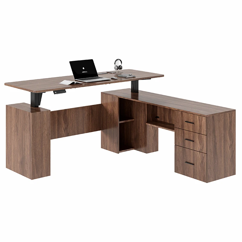 Modern L-shaped CEO Manager Wooden Automatic Ergonomics Standing Desk Height Adjustable Convertible Home Executive Workstation