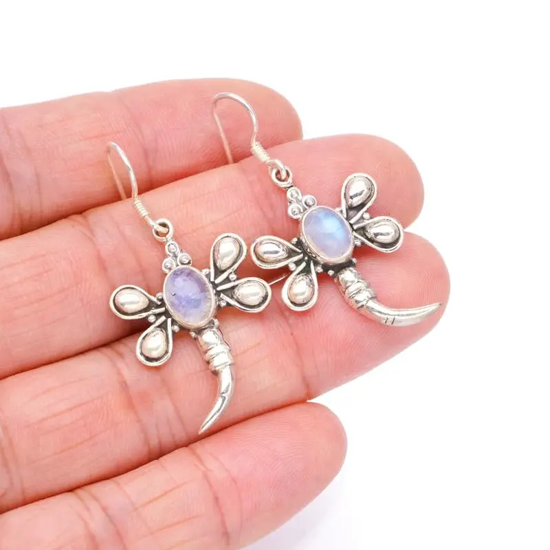 StarGems Natural Rainbow Moonstone&Dragonfly Handmade 925 Sterling Silver Earrings 1 1/2