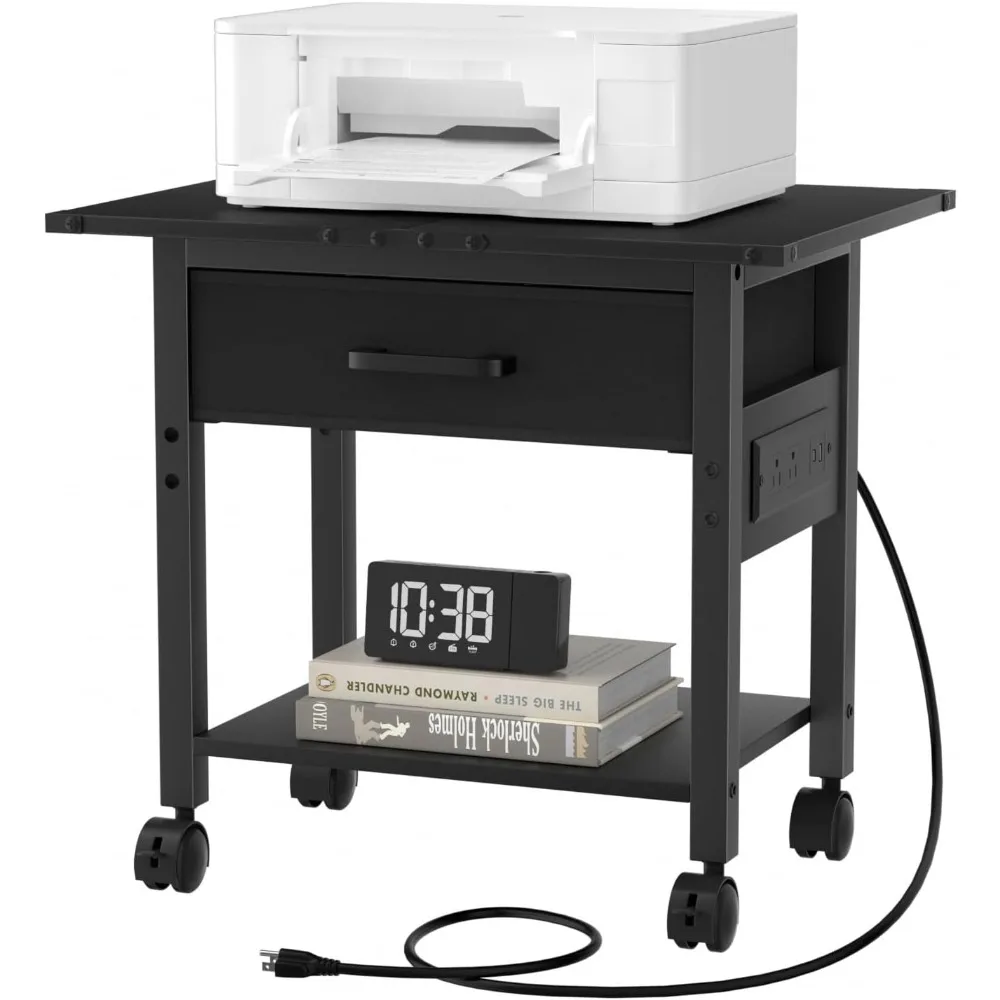 

Desk-Mounted Printer Stand with Charging Station, USB Ports, and Fabric Drawer, 2-Tier Table for Printers