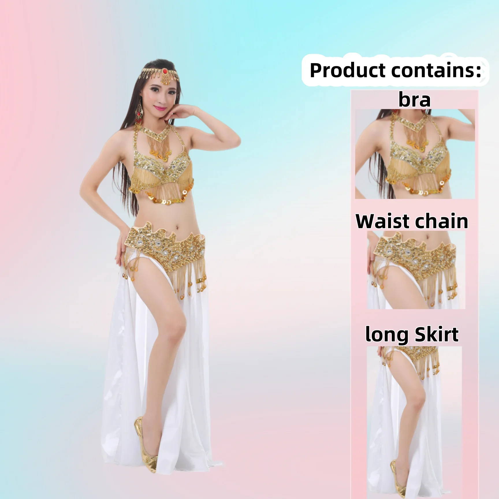 

Tassel Gold Coin Diamond Suit Stage Performance Bra Sexy Waist Chain Long Skirt Belly Dance Double Slit Satin Skirt