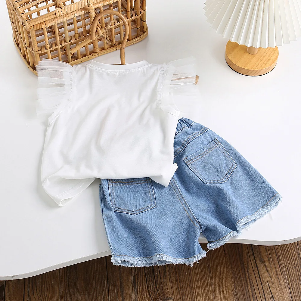 2024 summer Kids girls cartoon rabbit Bunny Cute T-shirt +  denim shorts 2pcs clothing sets Clothes suits  baby girls