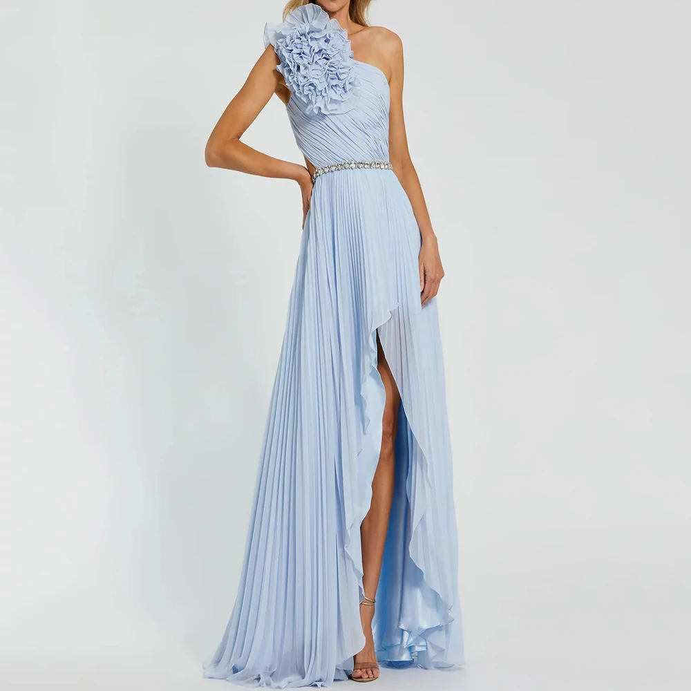 Op maat gemaakte A-lijn avondjurken Vloerlengte Mouwloze galajurk met één schouder Mode Kristallen plooi Bloemen Gedrapeerde feestjurk