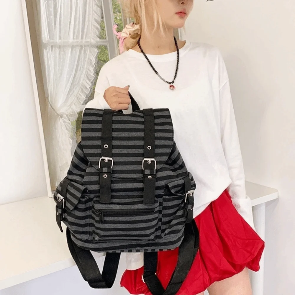 Casual Large Capacity Striped Backpack Korean Style Multi-pocket Students Schoolbag Cloth Nylon Hiking Camping Bag Students