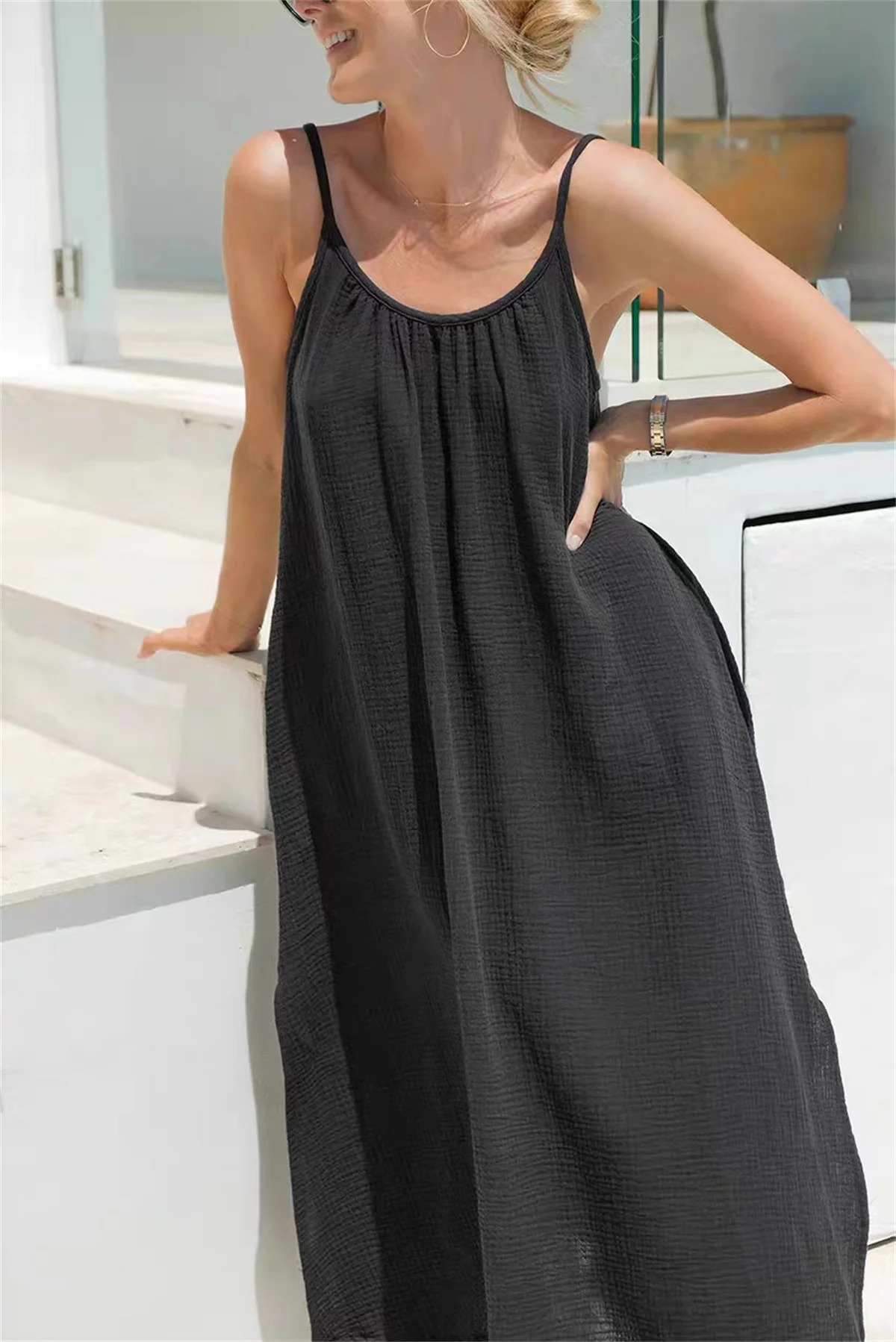 Vestido de Verano de Muselina 100% Algodón para Mujer, Tirantes Finos, Sin Mangas, Casual, Largo, Maxi, Vestidos para Mujer