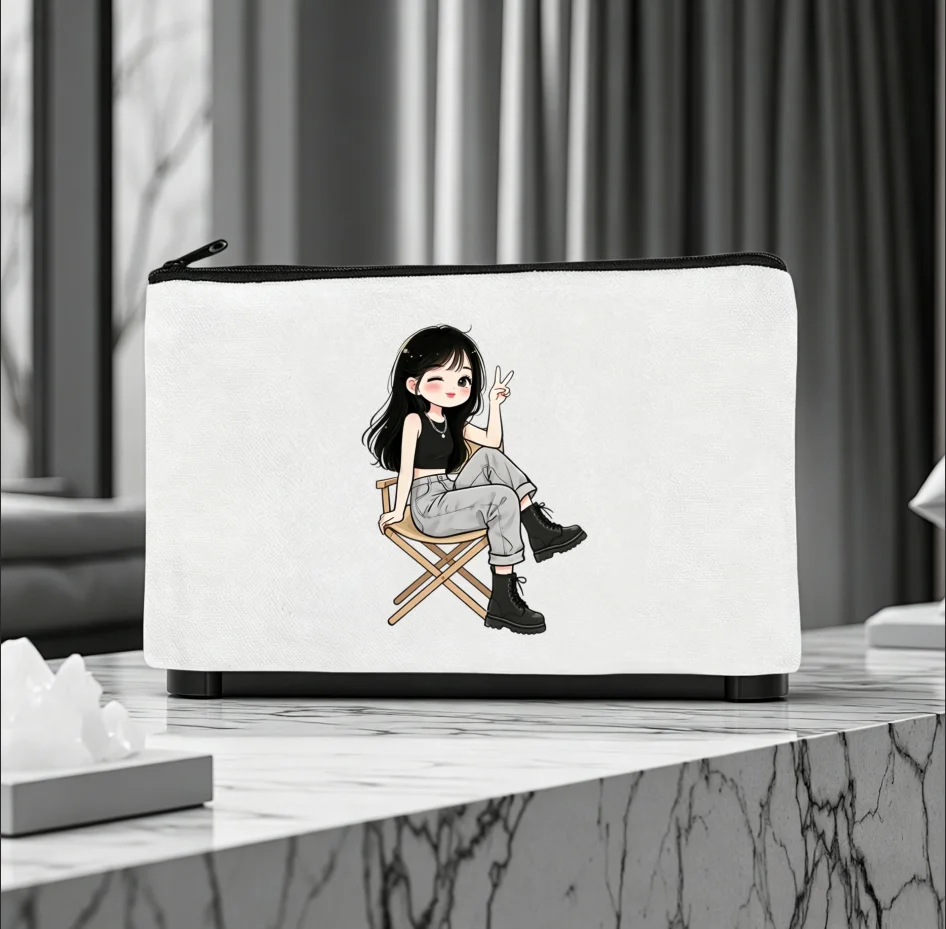 1PC Double Sided Print Cartoon Peace Sign Girl Canvas Cosmetic Bag, Portable Zipper Makeup Stationery Storage Pouch